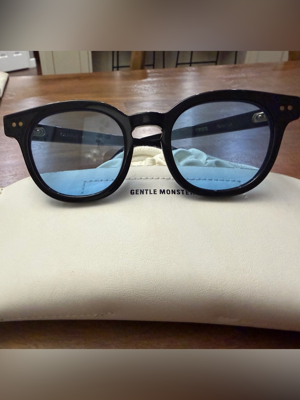 GENTLE MONSTER Black Frame Sunglasses with Blue Lenses “ Bowie”